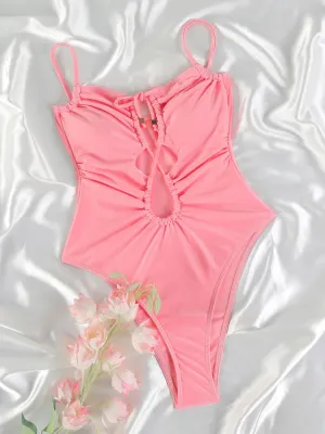Aniya Pink Women’s Solid Color Bandage One Piece Swimsuit