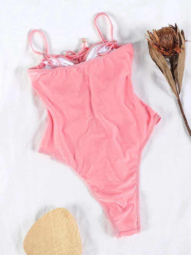 Aniya Pink Women’s Solid Color Bandage One Piece Swimsuit