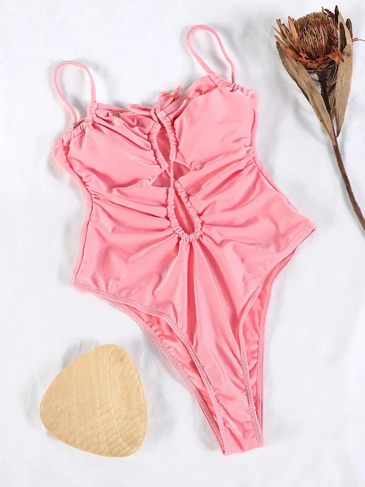 Aniya Pink Women’s Solid Color Bandage One Piece Swimsuit