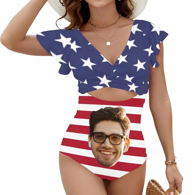 Custom Face American Flag Style Women's Twist Front Ruffle Sleeve Swimsuit Face Bathing Suit