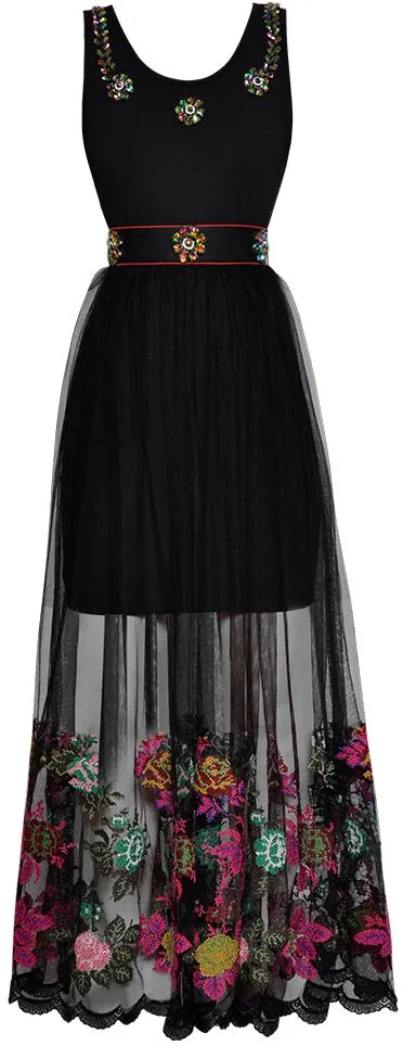 Embellished Dress with Embroidered Tulle Skirt