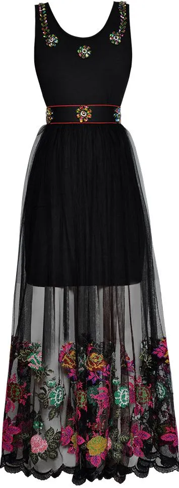Embellished Dress with Embroidered Tulle Skirt