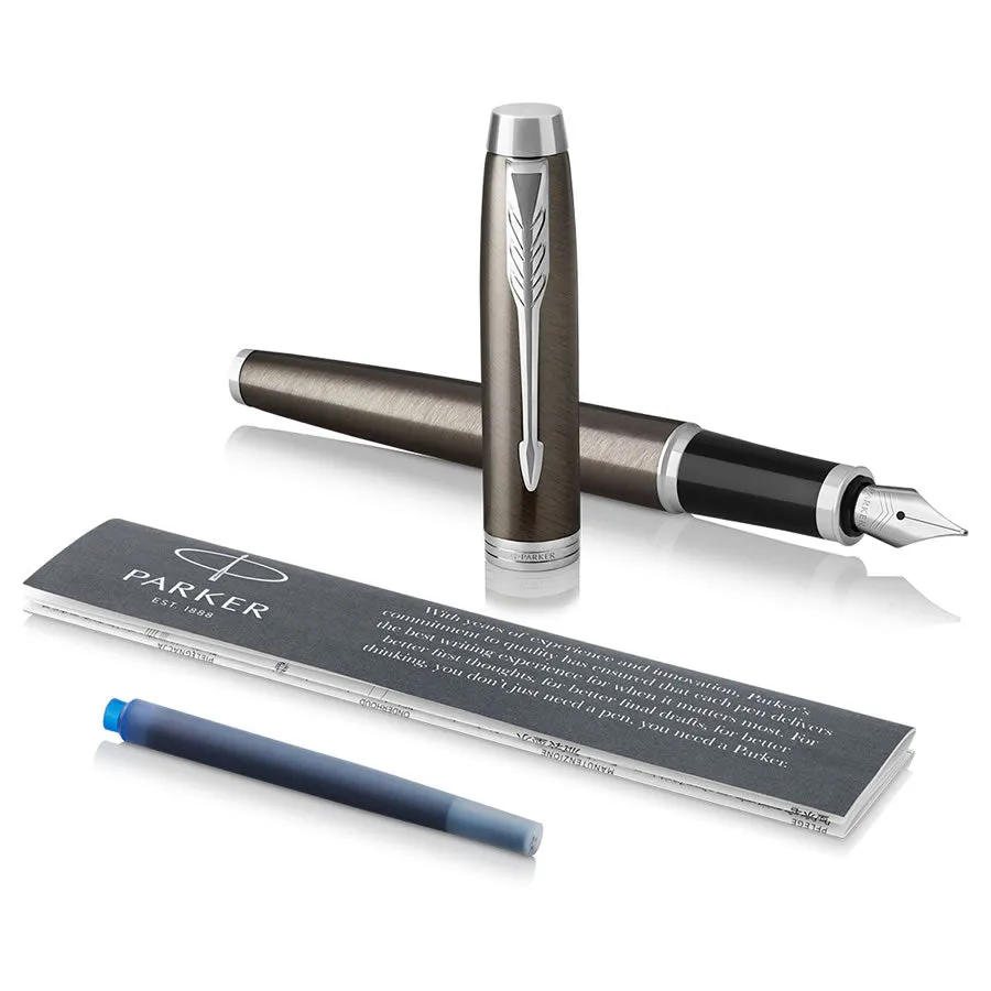 Parker IM Dark Espresso Chrome Trim Rollerball & Fountain Pen Set