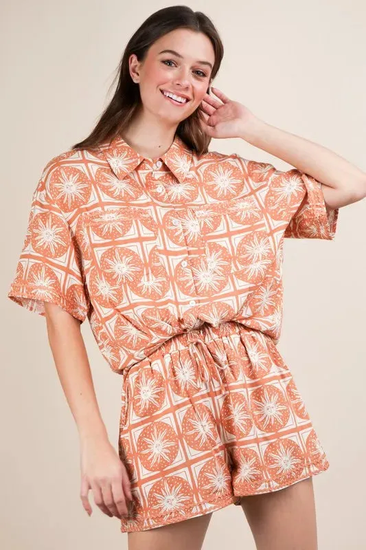 Terracotta Tropical Tile Print Shirt & Shorts Set