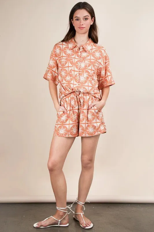 Terracotta Tropical Tile Print Shirt & Shorts Set