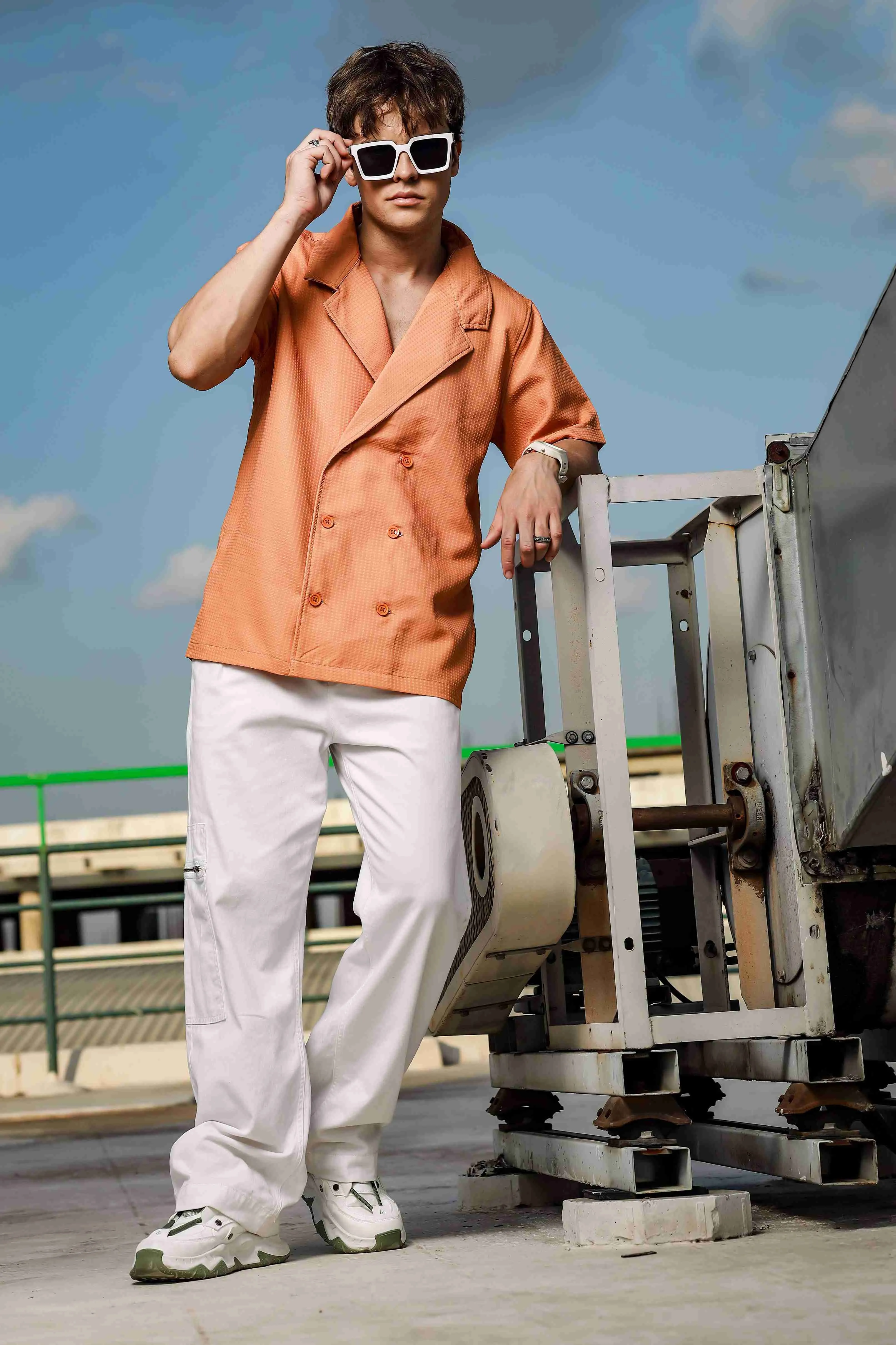 Textured Camel Korean Notched Lapel Collar Resort Shirt