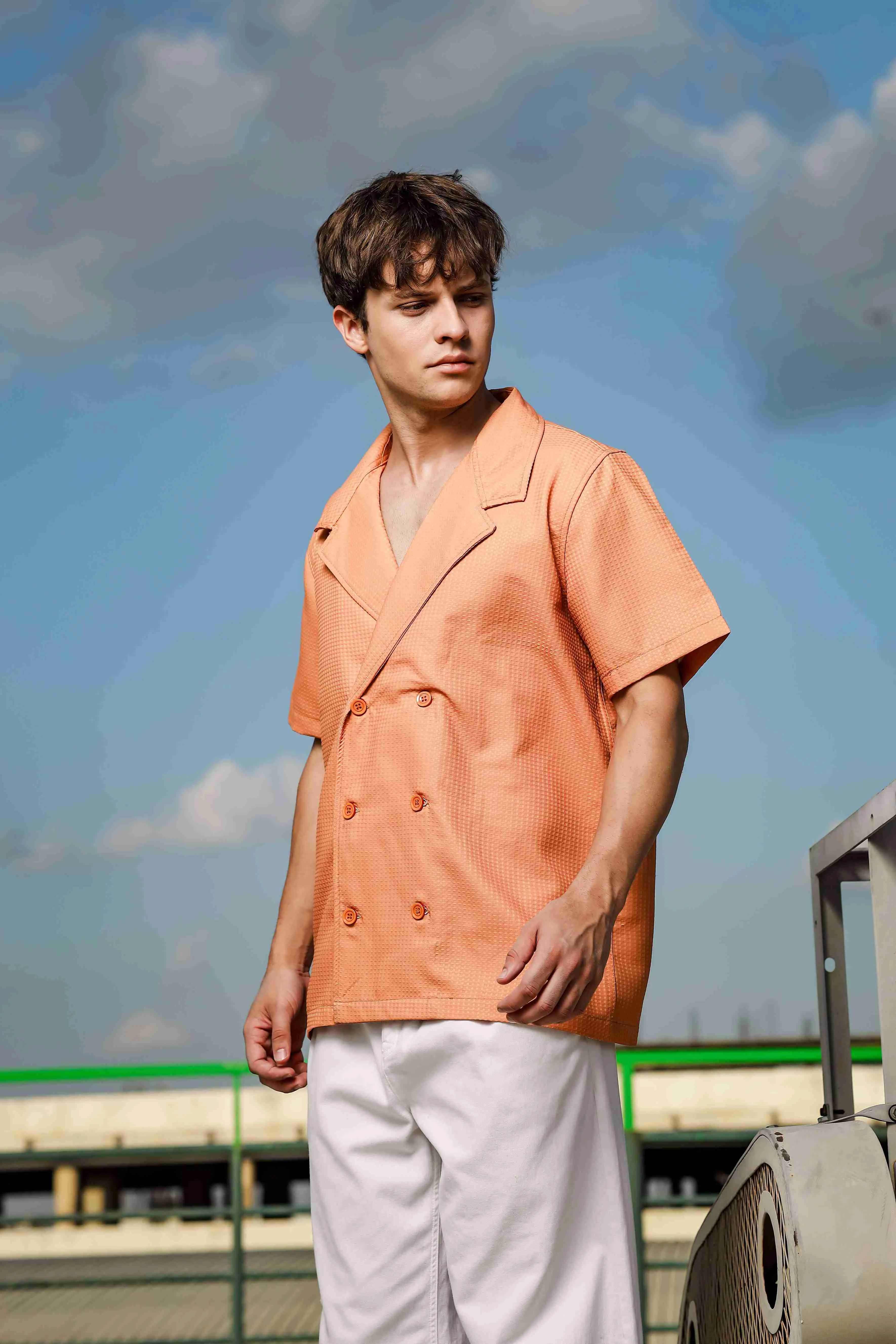 Textured Camel Korean Notched Lapel Collar Resort Shirt