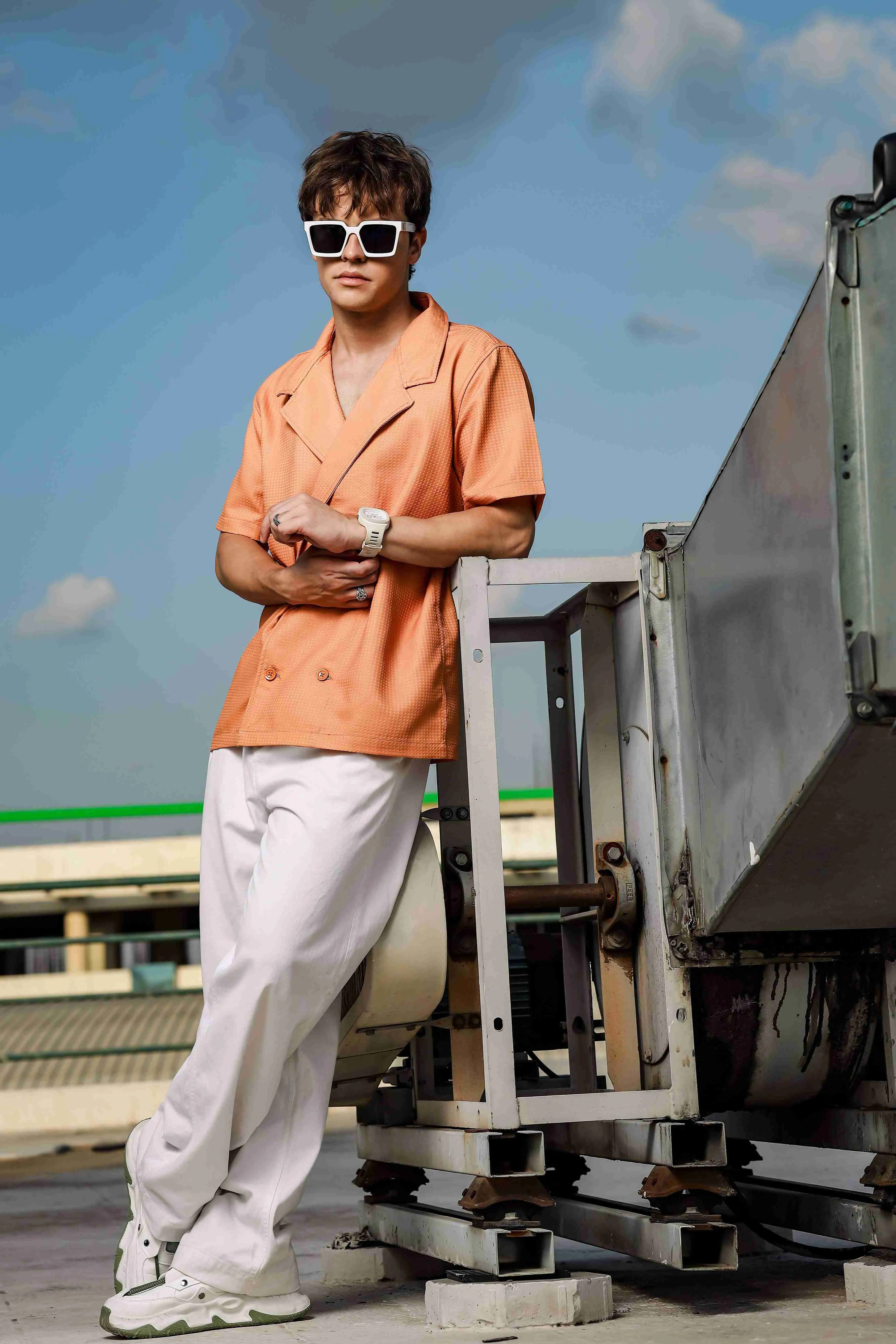 Textured Camel Korean Notched Lapel Collar Resort Shirt