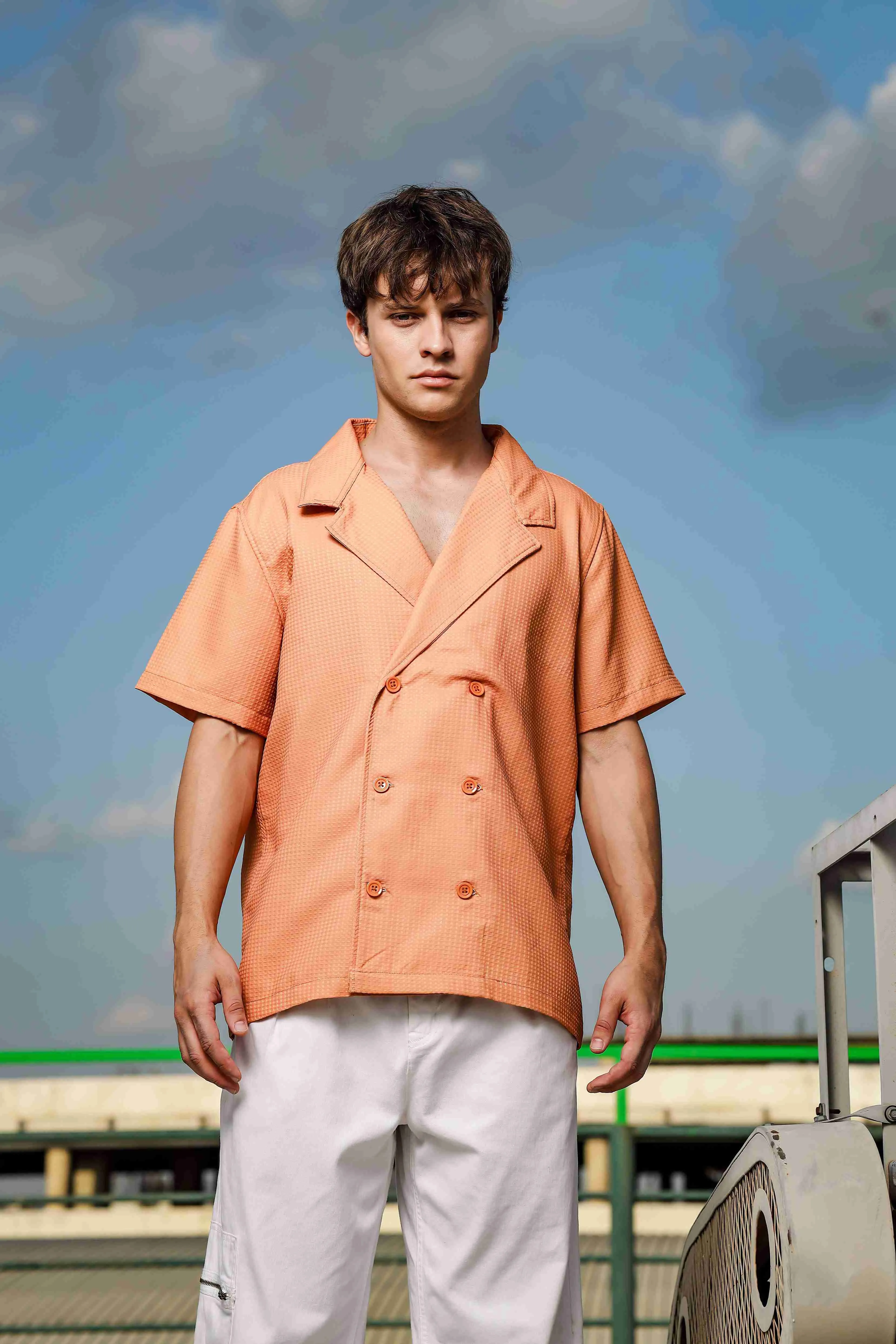 Textured Camel Korean Notched Lapel Collar Resort Shirt