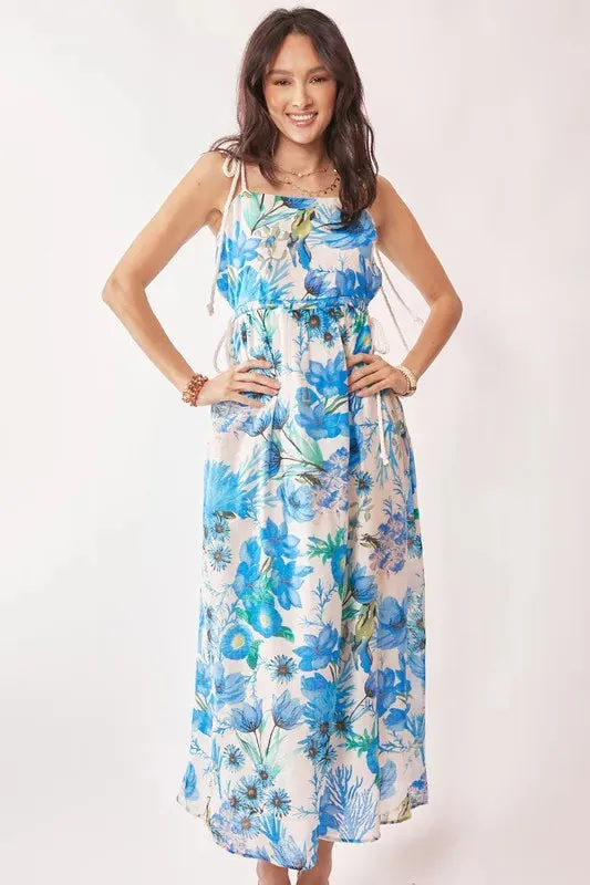 Tropical Boho Blue Floral Cut Out Maxi Dress