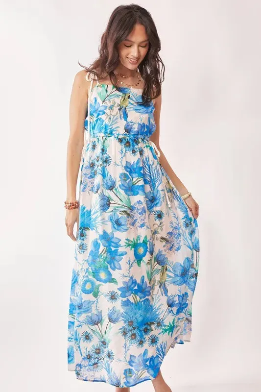 Tropical Boho Blue Floral Cut Out Maxi Dress