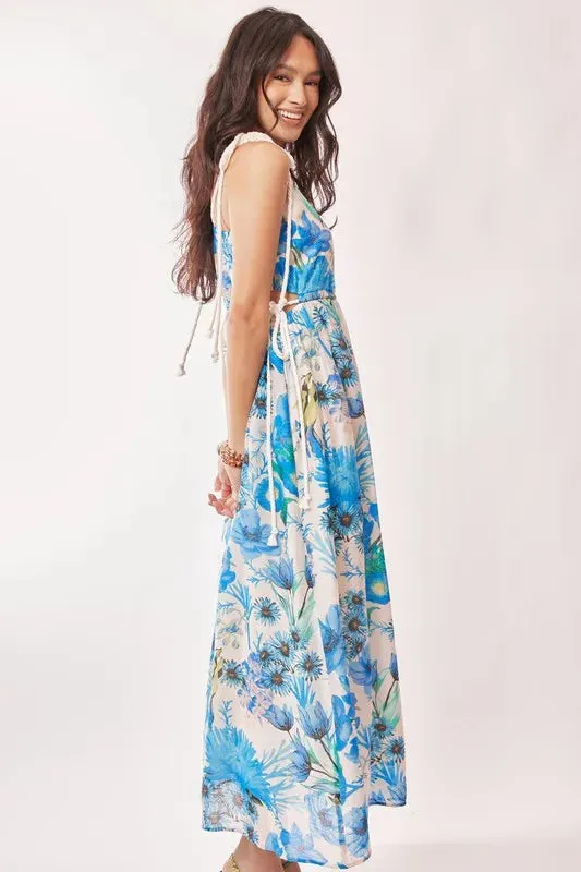 Tropical Boho Blue Floral Cut Out Maxi Dress
