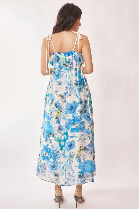 Tropical Boho Blue Floral Cut Out Maxi Dress