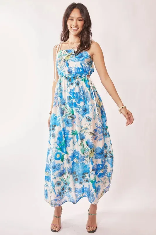 Tropical Boho Blue Floral Cut Out Maxi Dress