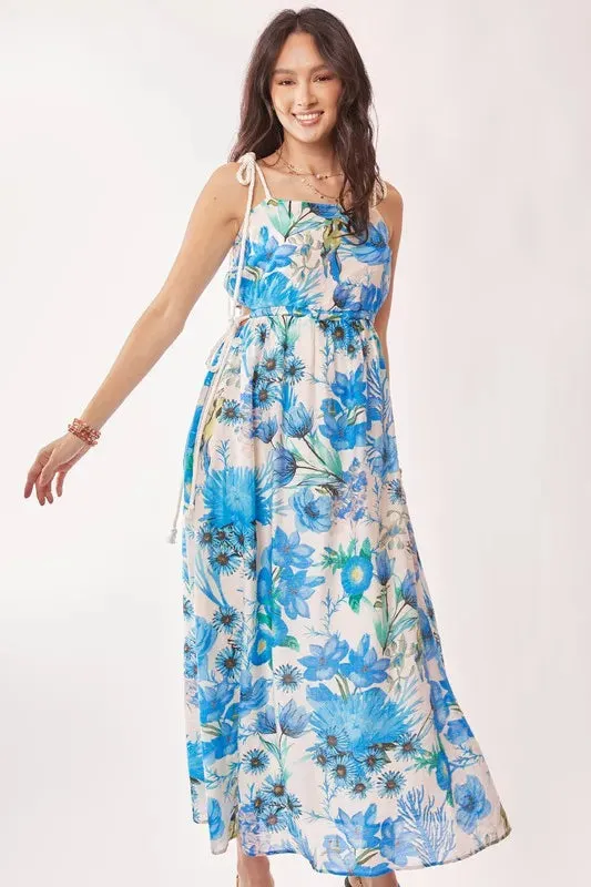Tropical Boho Blue Floral Cut Out Maxi Dress