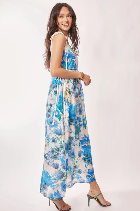 Tropical Boho Blue Floral Cut Out Maxi Dress