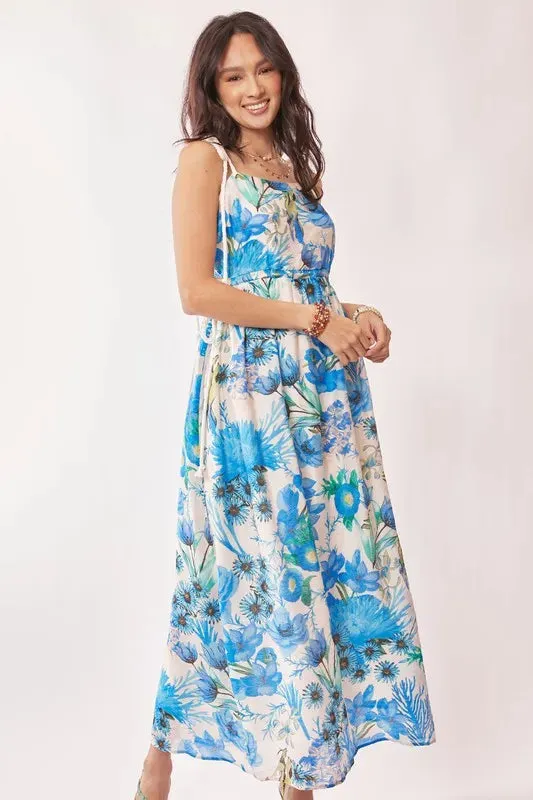 Tropical Boho Blue Floral Cut Out Maxi Dress