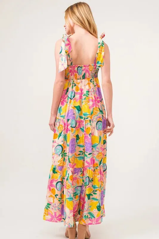 Tropical Fruit Print Tiered Maxi Dress with Tie Straps – Vibrant Summer Style