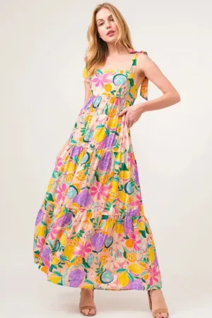 Tropical Fruit Print Tiered Maxi Dress with Tie Straps – Vibrant Summer Style