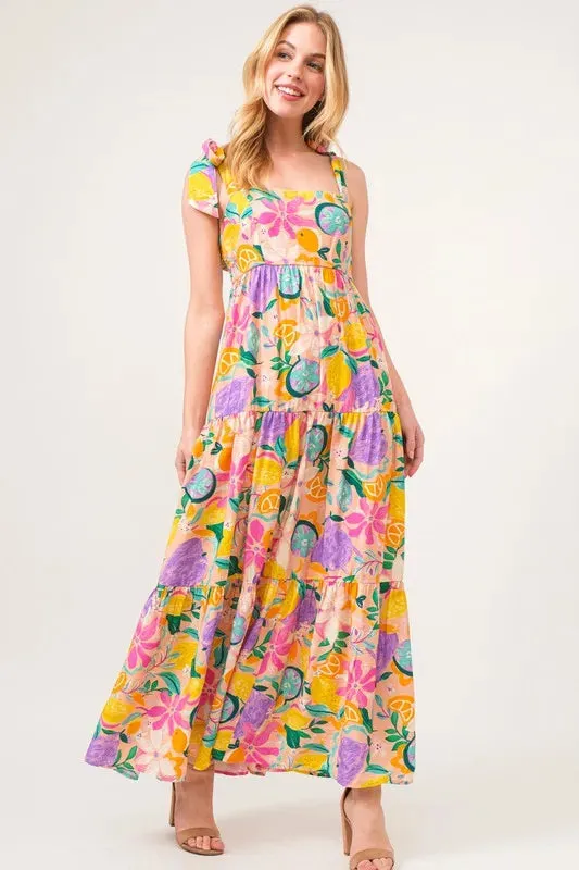 Tropical Fruit Print Tiered Maxi Dress with Tie Straps – Vibrant Summer Style