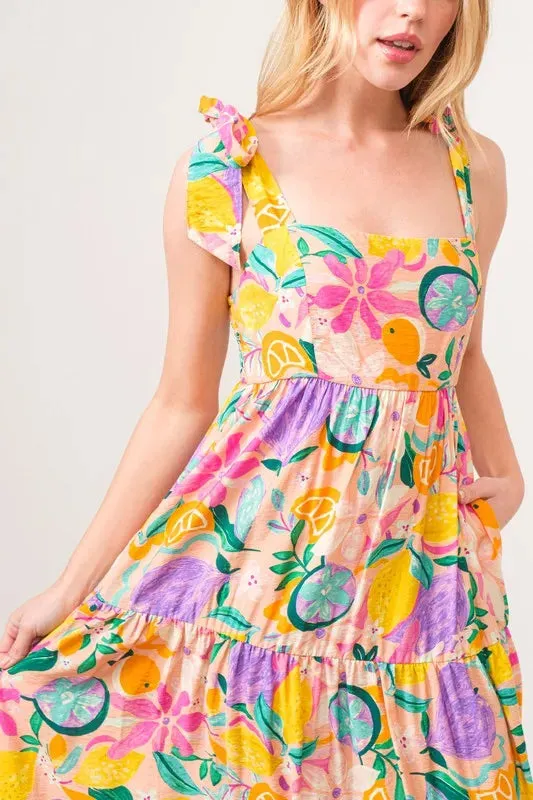 Tropical Fruit Print Tiered Maxi Dress with Tie Straps – Vibrant Summer Style