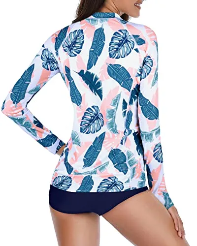 Upf 50  Protection 2 Piece Long Sleeve Rash Guard For Women-Blue Pink Leaves