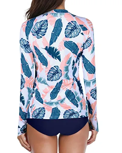 Upf 50  Protection 2 Piece Long Sleeve Rash Guard For Women-Blue Pink Leaves