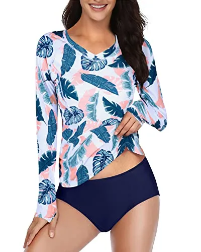 Upf 50  Protection 2 Piece Long Sleeve Rash Guard For Women-Blue Pink Leaves