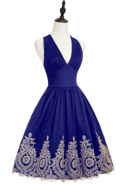 Women Evening Dresses Gold Appliques Halter Short Evening Dress A-Line sexy V-neck Formal Party Prom Gowns