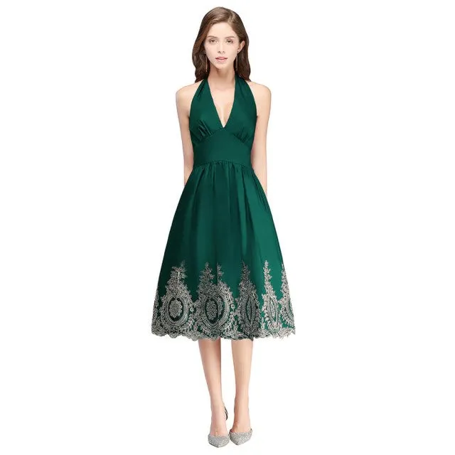 Women Evening Dresses Gold Appliques Halter Short Evening Dress A-Line sexy V-neck Formal Party Prom Gowns