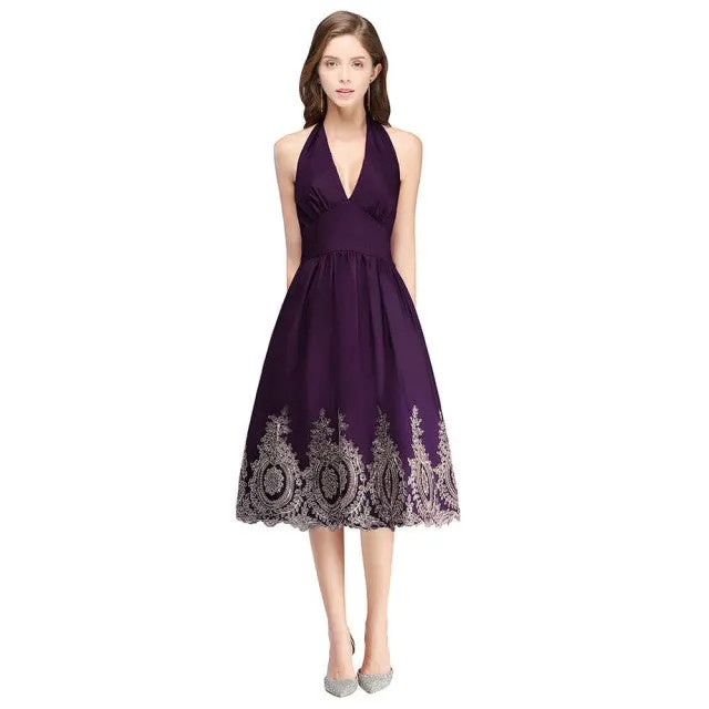 Women Evening Dresses Gold Appliques Halter Short Evening Dress A-Line sexy V-neck Formal Party Prom Gowns