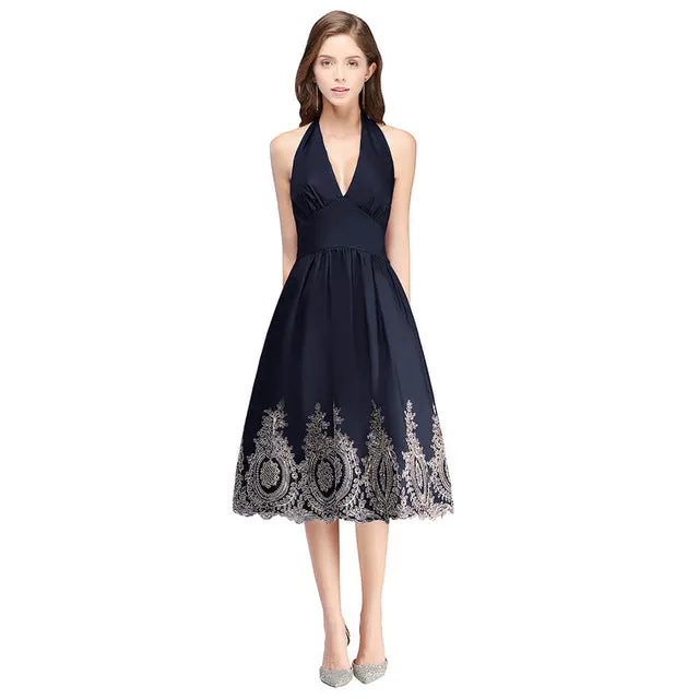 Women Evening Dresses Gold Appliques Halter Short Evening Dress A-Line sexy V-neck Formal Party Prom Gowns