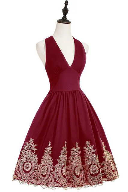 Women Evening Dresses Gold Appliques Halter Short Evening Dress A-Line sexy V-neck Formal Party Prom Gowns