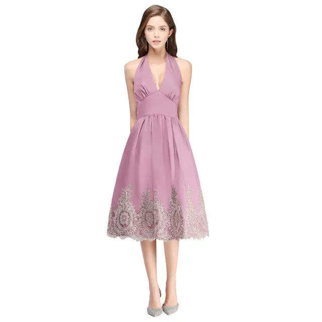 Women Evening Dresses Gold Appliques Halter Short Evening Dress A-Line sexy V-neck Formal Party Prom Gowns