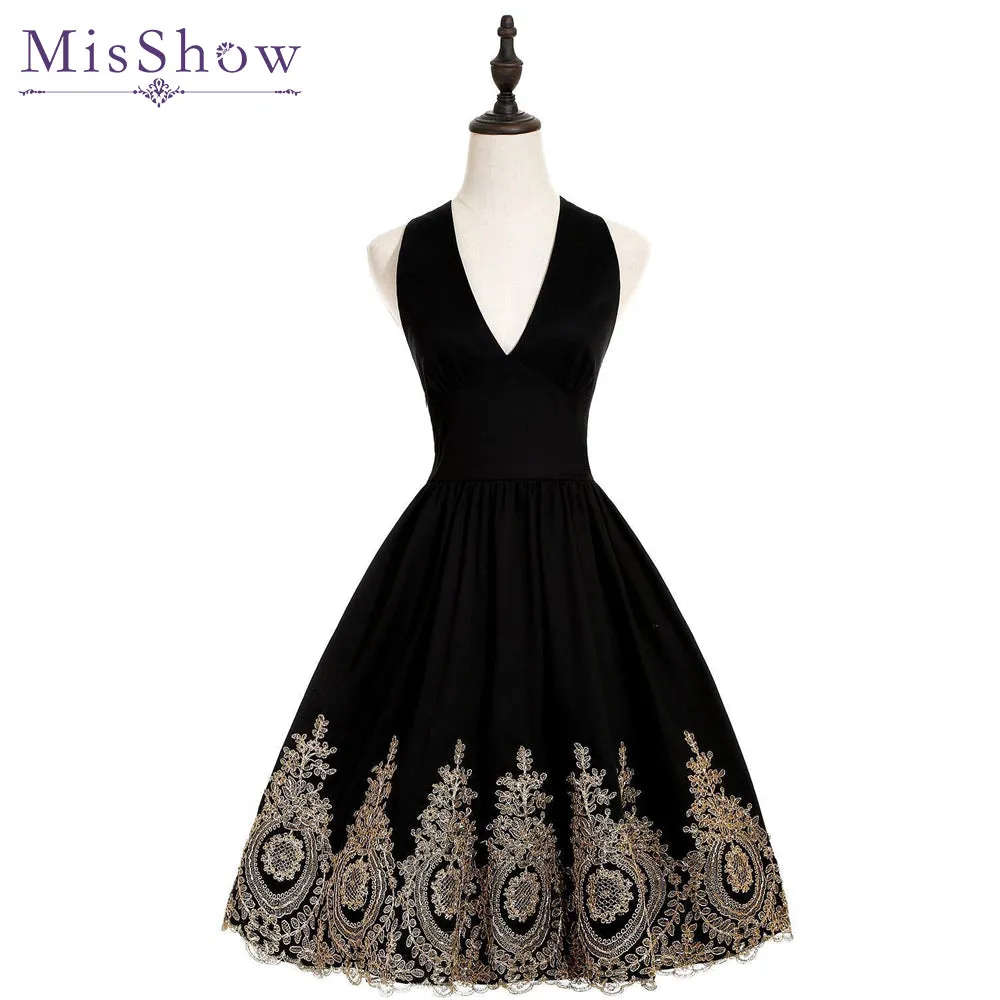 Women Evening Dresses Gold Appliques Halter Short Evening Dress A-Line sexy V-neck Formal Party Prom Gowns